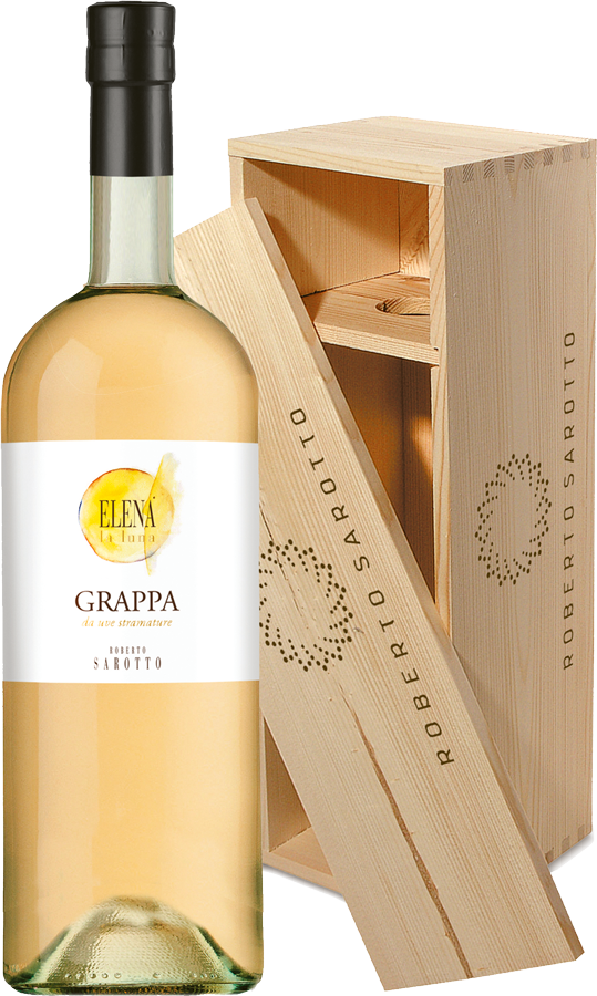 982749-Sarotto-Elena-Grappa-HK-150cl Elena Grappa da uve stramature in Holzkiste